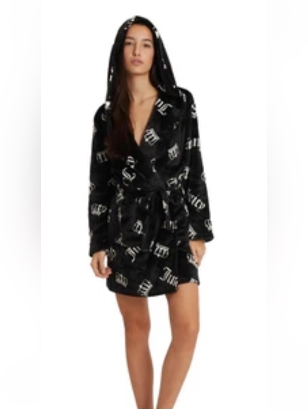 Juicy Couture Black Plush Hooded Logo Wrap Robe S